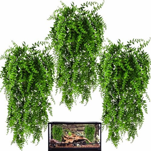 HERCOCCI 3 Pack Reptile Plants, Terrarium Hanging Plants Vines Artificial Leaves Habitat Decorations with Suction Cup for Bearded Dragon Hermit Crab Lizard Snake Geckos Chameleon by HERCOCCI