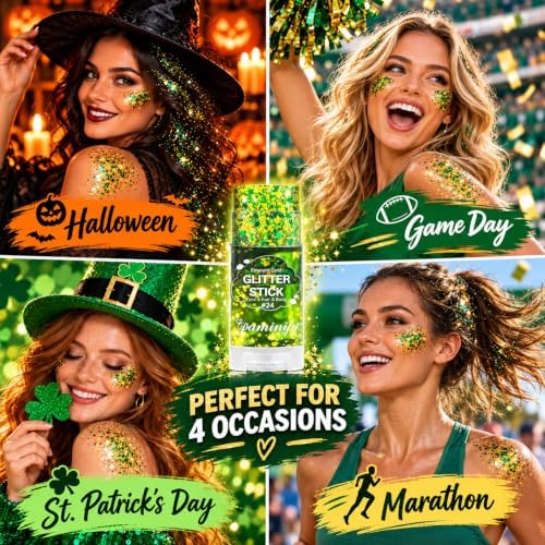 Green Gold Hair Face Glitter Stick,Waterproof Green Body Glitter Stick,Gold Spirit Day Accessories for Sport Game Day,Halloween Cosplay Festival Rave Concert Carnival Party Makeup - Image 6