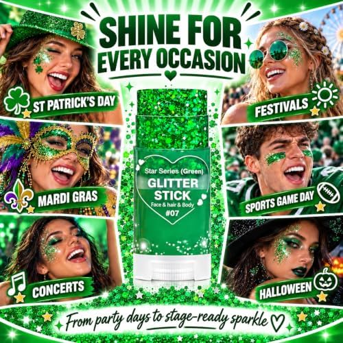 Green Hair Glitter Stick, Green Face Body Glitter Makeup, School Spirit Week Game Day Cheer Accessories, Chunky Sequins for Halloween, St Patrick's Day, Rave Festival Singer Concert, Mardi Gras - Image 7