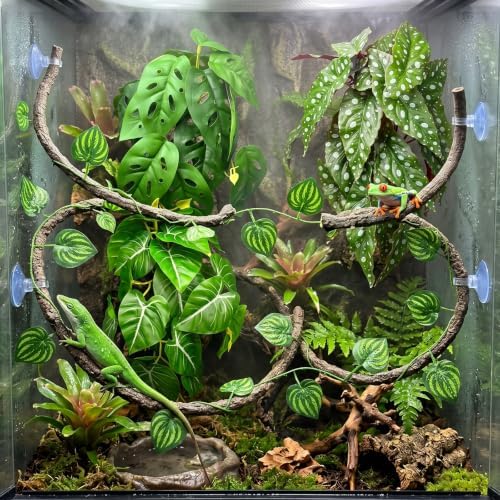 5 Pcs Reptile Plants & Habitat Decor Kit - 3 Artificial Plants & Large 5ft Jungle Vine Branch, Terrarium Tank Decor & Climbing Accessories for Gecko (Polka Dot Begonia, Monstera Adansonii, Alocasia) - Image 2