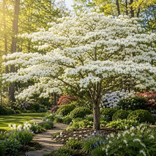 White Flowering Dogwood Tree - Cornus Florida in Quart Pot - 6-12" Tall, Live Tree for Pollinator Gardens and Patios by GINGERGLOW