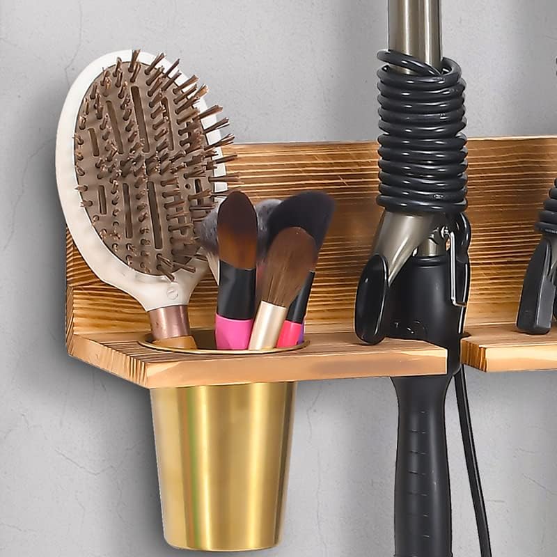 UPTRUST Wall Mount Hair Tool Organizer, Set of 2 Layer Rustic Wooden Dryer Holder Rack, Product Organizer Tray for Dryer with 4 Hooks - Image 3