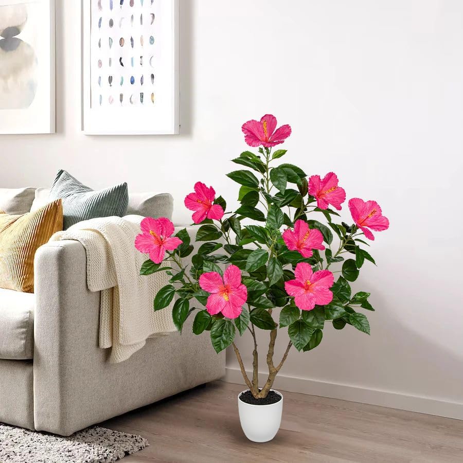 Briful Artificial Hibiscus Tree 2.95ft Tall Real Touch Fake Tree with Pink Flowers Potted Faux Plant Indoor Realistic Floor Plants for Front Porch Outdoor Home, Patio Decor - Image 5