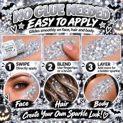 Silver Glitter Stick, Halloween Hair Face Body Glitter Makeup for Women, School Spirit Week Game Day Cheer Football Accessories, Chunky Shimmer Sequins for Rave Concert Festival, Waterproof, 0.56 oz - Image 4