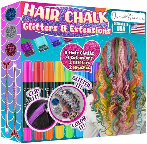 Jim&Gloria Dustless Hair Chalk for Girls Washable with Clip in Hair Extensions, Brushes and Glitters, Temporary Color Dye, Gifts for Teen Girl Trendy Stuff, Teenage 7 8 9 10 11 12 13 14 Year Old by JimGloria
