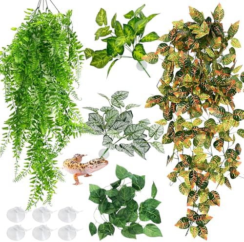 Reptile Plants for Terrarium Hanging Fake Leaves with Suction Cup by Hamiledyi