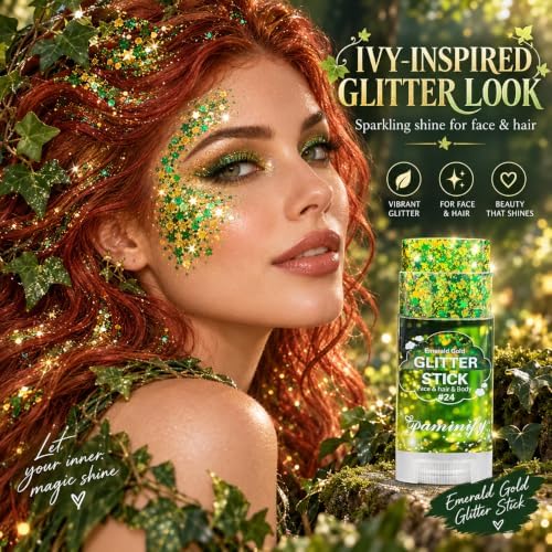 Green Gold Hair Face Glitter Stick,Waterproof Green Body Glitter Stick,Gold Spirit Day Accessories for Sport Game Day,Halloween Cosplay Festival Rave Concert Carnival Party Makeup - Image 3