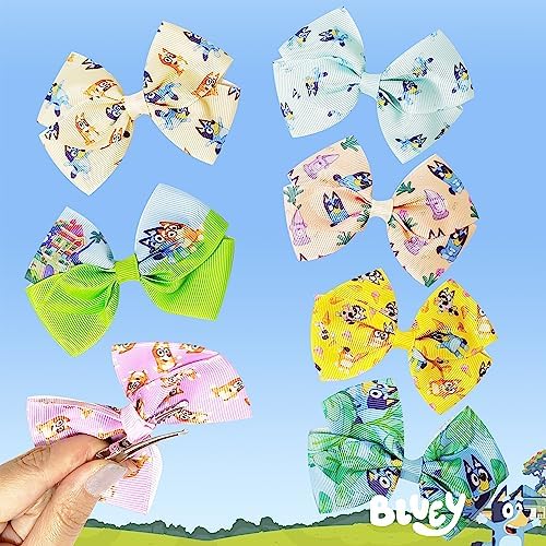 Bluey Kids Hair Bows - Hair Accessories Gift Set - Bluey Hair Bow - 7 Pcs 4 Inch Bow Bundle - HairBows for Girls - Different Bluey print on each clip - Alligator Clip - Ages 3 + - Image 6