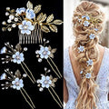 5 PCS Bridal Flower Wedding Hair Pins Crystal Pearl Hair Clips Headpiece Gold Wedding Hair Accessories Jewelry with Rhinestone for Brides Bridesmaids Women Girls Updo, Special Cream Blue by LAPOHI