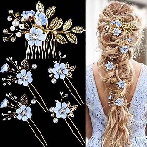 5 PCS Bridal Flower Wedding Hair Pins Crystal Pearl Hair Clips Headpiece Gold Wedding Hair Accessories Jewelry with Rhinestone for Brides Bridesmaids Women Girls Updo, Special Cream Blue by LAPOHI