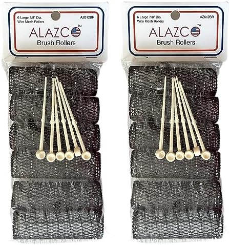 12 pc Vintage Style Hair Rollers BRUSH ROLLERS & 12 PINS - Mesh Hair Curlers with Bristles 3"x 7/8" (12 Large Rollers & Pins) by ALAZCO