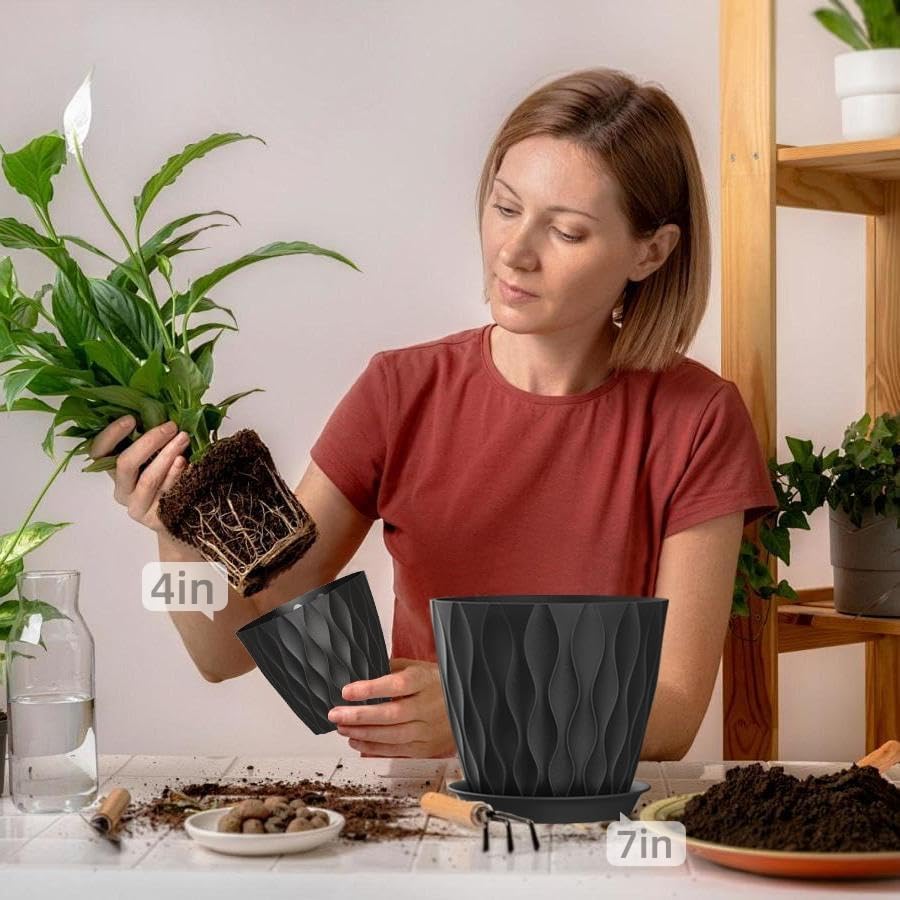 4/4.5/5/5.5/6/6.5/7 Inch Plant Pots,7 Pack Flower Pots with Drainage Holes and Trays,Plastic Planters for Indoor Outdoor Plants Growth,Black - Image 5