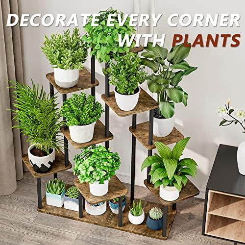 AZERPIAN 9 Tier Tall Plant Stand Indoor Corner Tiered Shelf Metal MDF Board - Image 6