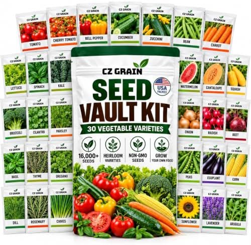 CZ Grain Seed Vault Kit, 30 Heirloom Vegetable & Herb Varieties, 16,000+ Non-GMO Seeds for Planting, Open Pollinated Survival Garden Seed Pack, USA Packed, Home Garden Starter Kit by CZGrain
