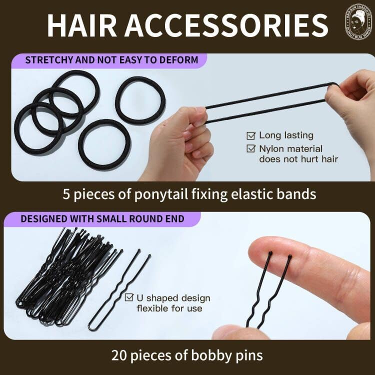 Teenitor Hair Bun Maker Set, 7 Pieces Bun Donuts for Hair(1 Extra-Large, 2 Large, 2 Medium, 2 Small), 5 Elastic Bands, 20 Hair Pins, Gold - Image 6