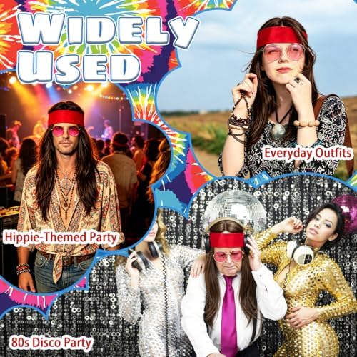 Bvrbaory Hippie Accessories for Men,4 Pcs Retro Hippie Costume Set with Hippie Wig,Sunglasses,Peace Necklace and Headband,60s 70s Disco Style,80s Retro Party,Halloween Fancy Dress - Image 5