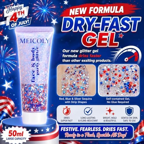 MEICOLY Red White and Blue Hair Glitter with Ribbon Strip Sequins,Patriotic 4th of July Face Glitter Accessories Outfit,Self-Adhesive Waterproof Fourth of July Sparkle Body Glitter for 2026 World Cup - Image 3