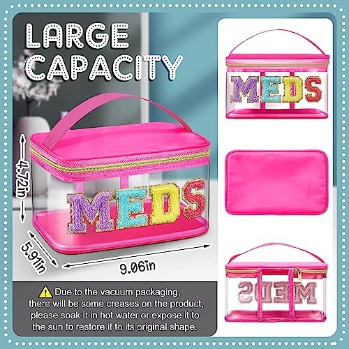 Geetery Meds Travel Bag, Meds Chenille Letter Clear Hot Pink - Image 3