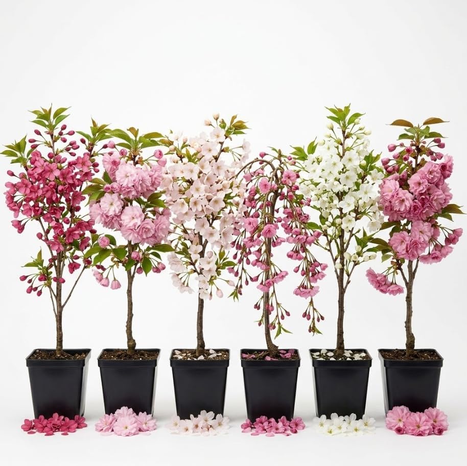 2 Live Flowering Cherry Blossom Trees Assorted Varieties - Random Okame, Double Pink, Yoshino, White Weeping, Snowgoose or Kwanzan Cherry Tree Live Plants 5-12" Tall 3" Pot by Unknown