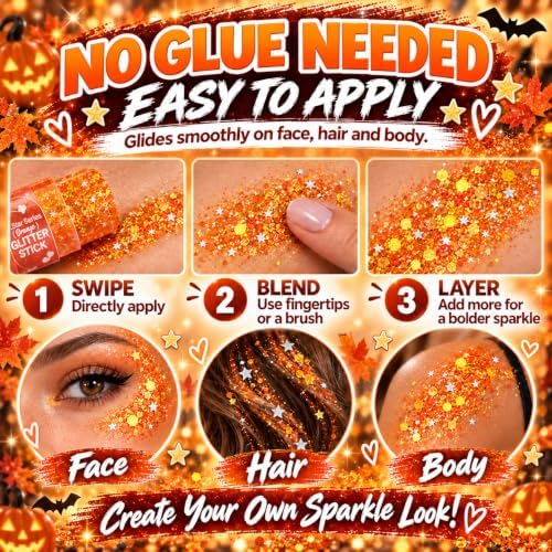 Orange Hair Glitter Stick, Face Body Glitter Makeup for Women and Kids, Chunky Shimmer Sequins for Halloween Autumn Cosplay Makeup, Rave Festival Singer Concert Cheer Spirit Day Outfits Accessories - Image 4