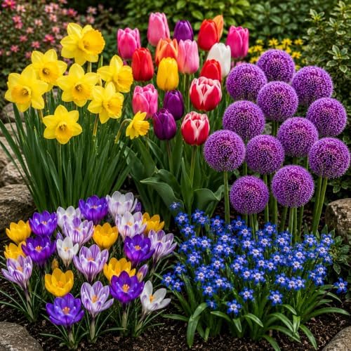 50 Spring Flower Bulbs to Plant, Tulips, Daffodils, Allium, Crocus & Squill by CZGrain