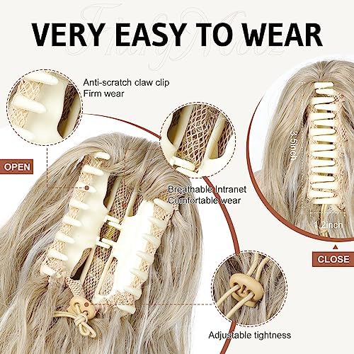 Flufymooz Ponytail Extension, 18 Inch Claw Clip Ponytail Extension, Wavy Curly Claw Clip in Ponytail Hair Extensions, Fake Ponytail Synthetic Hairpiece for Women (Blonde with White Blonde Highlights) - Image 3