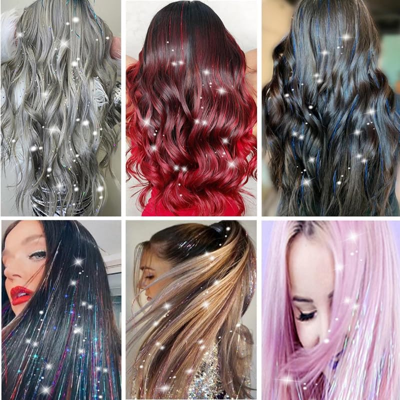 ZYXQZYX Hair Tinsel Kit Pack of 18 Pcs Hair Tinsel Clip in 19.6Inch Glitter Tinsel Hair Extensions Heat Resistant Clip in Hair Tinsel Sparkle Fairy Hair Accessories for Kids Girls Women (Black) - Image 7