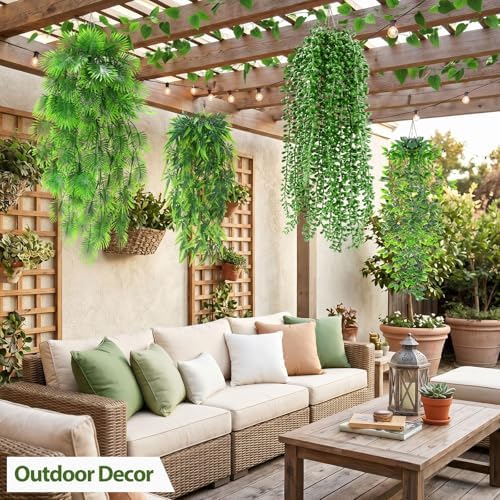 Daifunli 12 Pcs Artificial Hanging Plants Fake Hanging Ferns Plastic Fake Plant for Wall Room Garden Garland Indoor Outdoor Decor No Basket (Palm,Mandala,String of Pearls,Maple Leaf) - Image 4