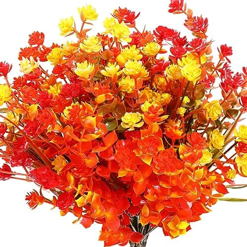 WILLBOND 12 Bundles UV Resistant Faux Flowers, Red, Yellow, Bright Orange by Willbond+Technology+Limited