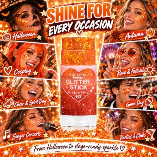 Orange Hair Glitter Stick, Face Body Glitter Makeup for Women and Kids, Chunky Shimmer Sequins for Halloween Autumn Cosplay Makeup, Rave Festival Singer Concert Cheer Spirit Day Outfits Accessories - Image 7