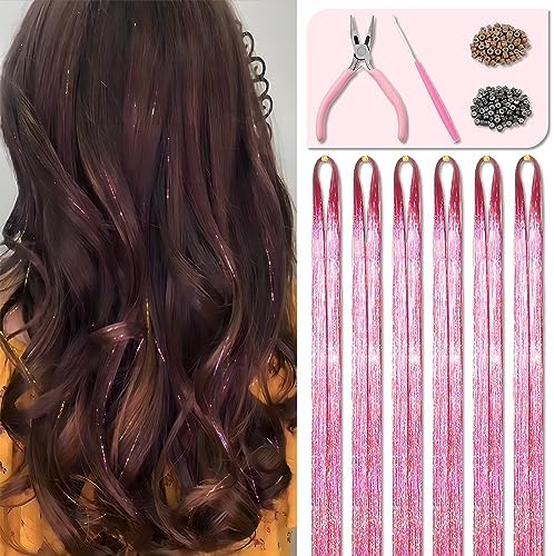 Pink Fairy Hair Tinsel Kit 48 Inches 1200 Strands with Tools and Instruction Easy to Install Glitter Tinsel Hair Extensions for Women and Girls，Shinny Sparkling Braiding Hair Accessories for Halloween Cosplay Party by Fiwecos