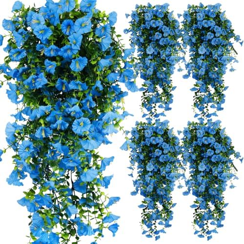 4-Pack Fake Hanging Plants, Faux Hanging Plant Artificial Greenery for Living Room Bedroom Boho Wall Shelf Indoor Outdoor Decor (Blue Morning Glory) by Unknown