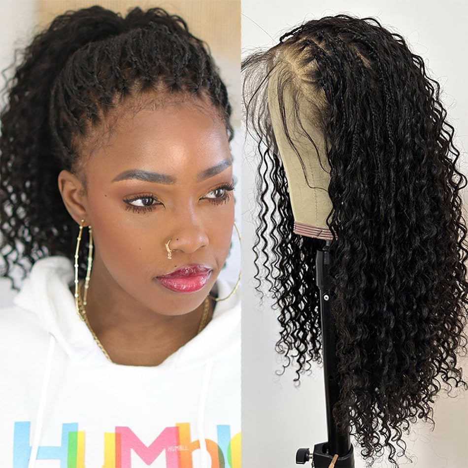 Full Lace Knotless Boho Box Braids Human Hair Wig for Black Women 22 Inch by FlowerSeason