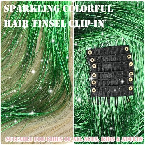 Hair Tinsel Kit 18 Pcs Hair Tinsel Clip in Fuller Sparkle, Heat Resistant Clip in Glitter Tinsel Hair Extensions Fairy Green Hair Accessories for Women Girls Daily Party Festival (Green) - Image 2