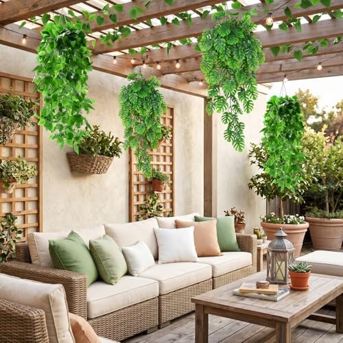 Daifunli 12 Pcs Artificial Hanging Plants Fake Hanging Ferns Plastic Fake Plant for Wall Room Garden Garland Indoor Outdoor Decor No Basket (Monstera Vine,Ivy Vine) - Image 5