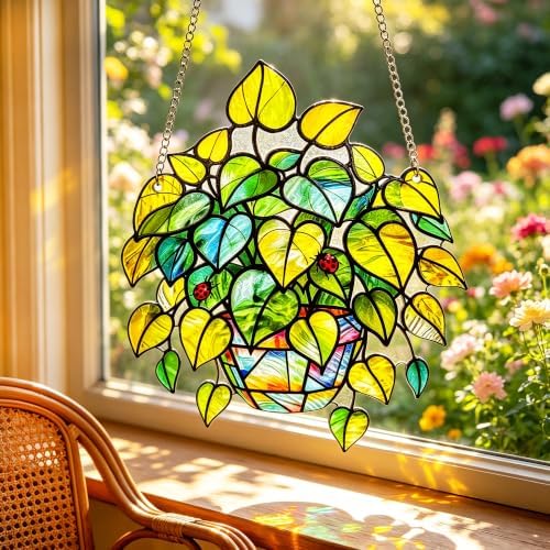Plant Suncatcher Glass, Stained Glass Suncatcher Plant Window Hanging, Unique Nature Lover Gifts Leaf - Image 6