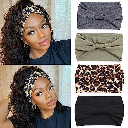 XTREND 4 Packs Wide Headband Fashion Personality Headscarf Bohemian Style Elastic Knotted Non-slip Headband Suitable For Black Women's wig Outdoor Yoga Sports Running Printed Hair Accessories by XTREND