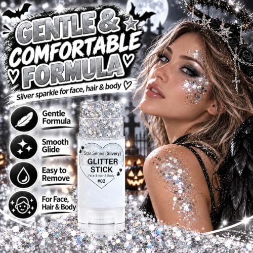 Silver Glitter Stick, Halloween Hair Face Body Glitter Makeup for Women, School Spirit Week Game Day Cheer Football Accessories, Chunky Shimmer Sequins for Rave Concert Festival, Waterproof, 0.56 oz - Image 6