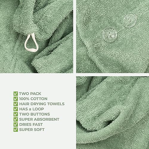 American Soft Linen 100% Cotton Hair Towels for Women, Head Towel Cap, Cotton Hair Turban Towel Wrap for Long Curly Anti Frizz Hair, Soft and Absorbent Cotton Hair Towels 2 Pack, Sage Green - Image 5