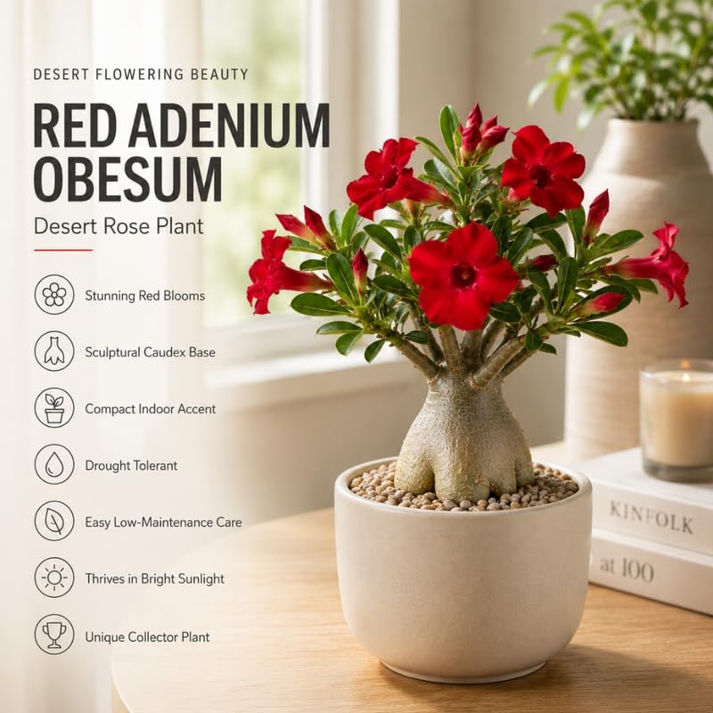 Desert Rose Plant, 4 Inch Potted Adenium Obesum, Low Maintenance Indoor Bonsai Succulent with Striking Red Blooms for Home & Patio Décor - Image 3