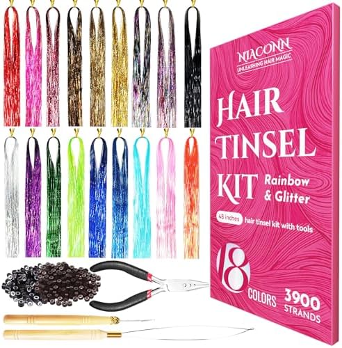 NIACONN Glitter Hair Tinsel Extensions Kit 18 Colors with Tools and Beads, 48 Inch Sparkly Fairy Colorful Tensile Strands Shiny Hair Accessories for Women Girls Kids by NIACONN
