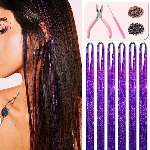 Purple Hair Tinsel Kit 48 Inches 1200 Strands with Tools and Instruction Easy to Install Fairy Glitter Tinsel Hair Extensions for Women and Girls，Shinny Sparkling Braiding Hair Accessories for Halloween Cosplay Party by Fiwecos