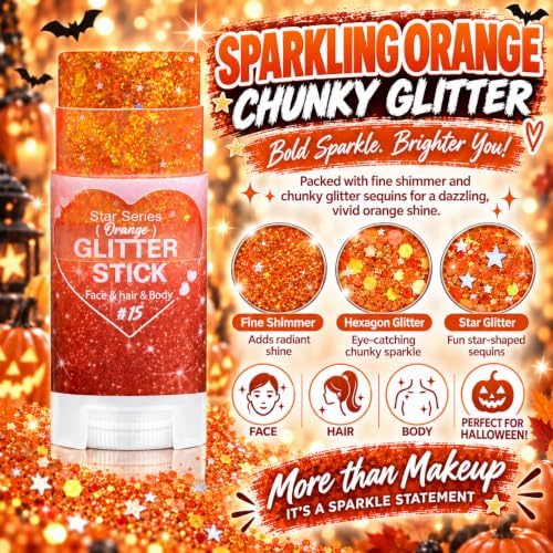 Orange Hair Glitter Stick, Face Body Glitter Makeup for Women and Kids, Chunky Shimmer Sequins for Halloween Autumn Cosplay Makeup, Rave Festival Singer Concert Cheer Spirit Day Outfits Accessories - Image 3