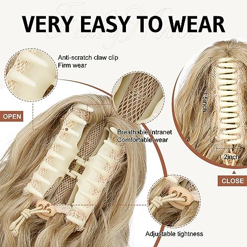 Flufymooz Ponytail Extension, 18Inch Claw Clip Ponytail Extension, Wavy Curly Claw Clip in Ponytail Hair Extensions, Natural Fake Ponytail Synthetic Hairpiece for Women (Golden Blonde with Highlight) - Image 3