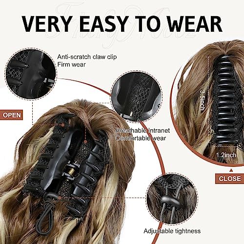FLUFYMOOZ Ponytail Extension, 18 Inch Claw Clip Ponytail Extension, Wavy Curly Claw Clip in Ponytail Hair Extensions, Natural Fake Ponytail Synthetic Hairpiece for Women (Cool Brown with Blonde Highlights) - Image 3