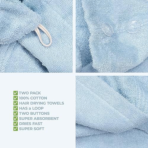 American Soft Linen 100% Cotton Hair Towels for Women, Head Towel Cap, Cotton Hair Turban Towel Wrap for Long Curly Anti Frizz Hair, Soft and Absorbent Cotton Hair Towels 2 Pack, Sky Blue - Image 5