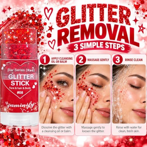 Red Body Hair Glitter Stick for Kids,Cheer Face Glitter Stick,Waterproof Red Spirit Day Accessories for Football Game Day,Halloween Cosplay Rave Carnival Concert Party Shimmer Makeup - Image 5