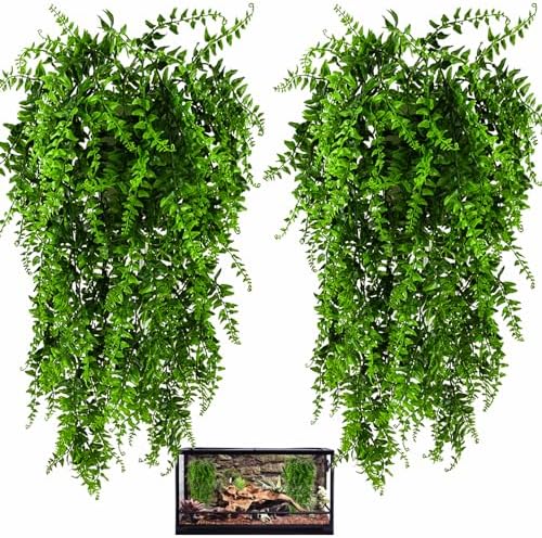 HERCOCCI 2 Pack Reptile Plants, Terrarium Hanging Plants Vines Artificial Leaves Habitat Decorations with Suction Cup for Bearded Dragon Hermit Crab Lizard Snake Geckos Chameleon by HERCOCCI