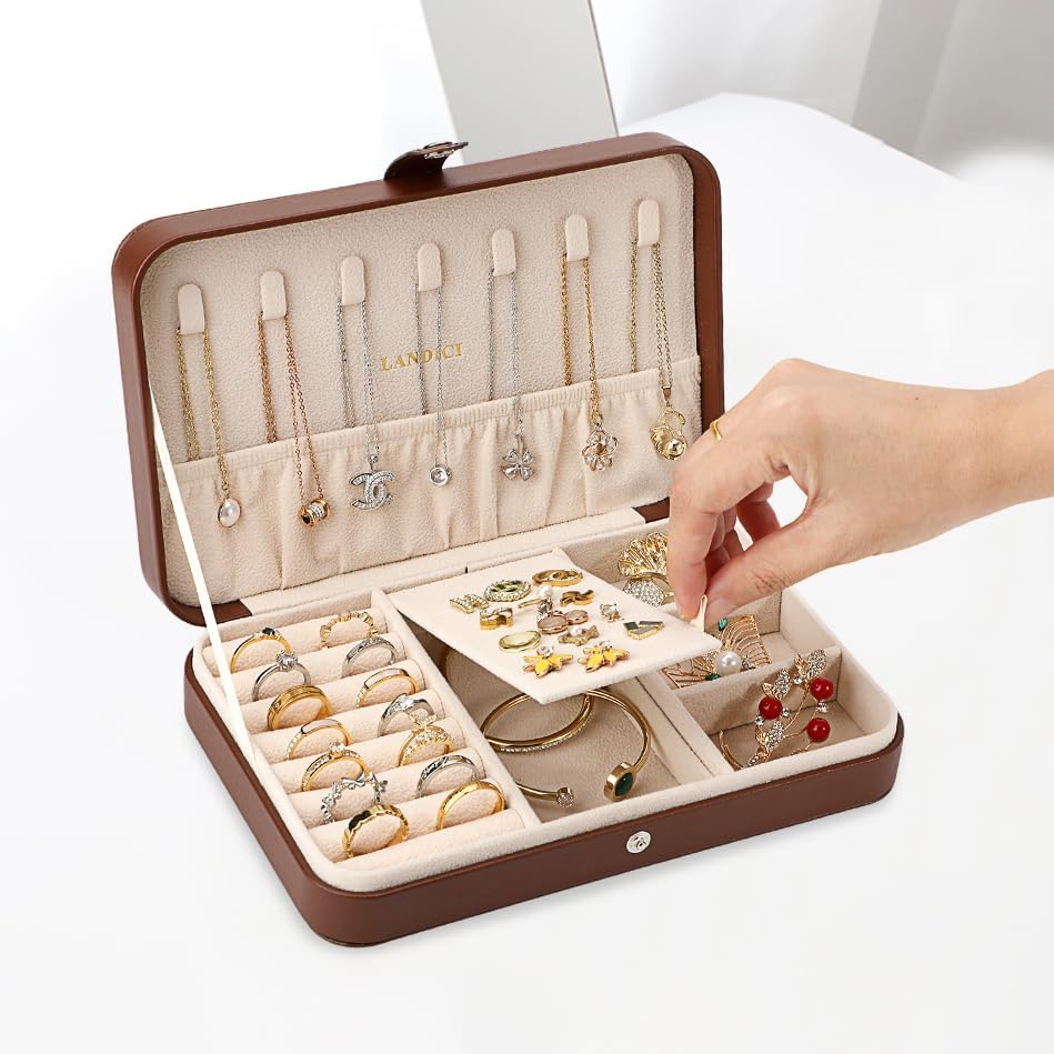 LANDICI Small Jewelry Box for Women Girls, PU Leather Travel Jewelry Case, Portable Jewelry Organizer Storage Holder Display for Ring Earrings Necklace Bracelet Bangle Men Kids Gift, Coffee - Image 5