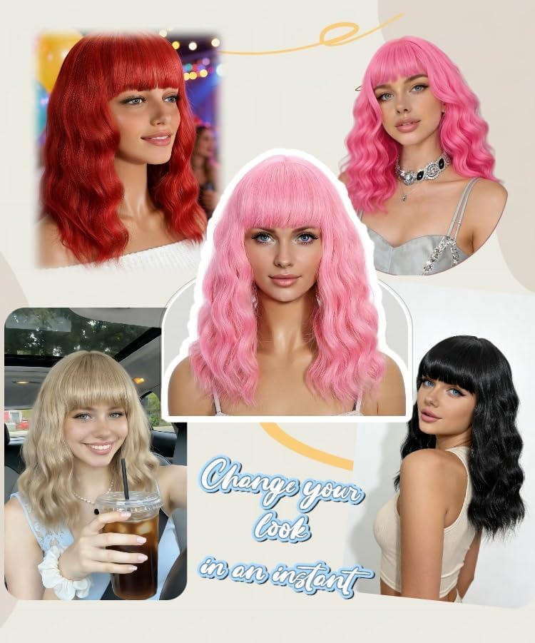 Sebast Pastel Bob Wigs with Bangs for Women Loose Wavy Wig Pastel Wavy Shoulder Length Bob Synthetic Cosplay Wig for Girl Colorful Costume Wigs (Midnight Blue) - Image 6